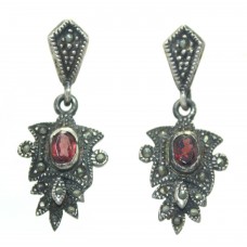 Earrings Silver 925 Sterling Dangle Drop Women Marcasite & Red Onyx Stone B600